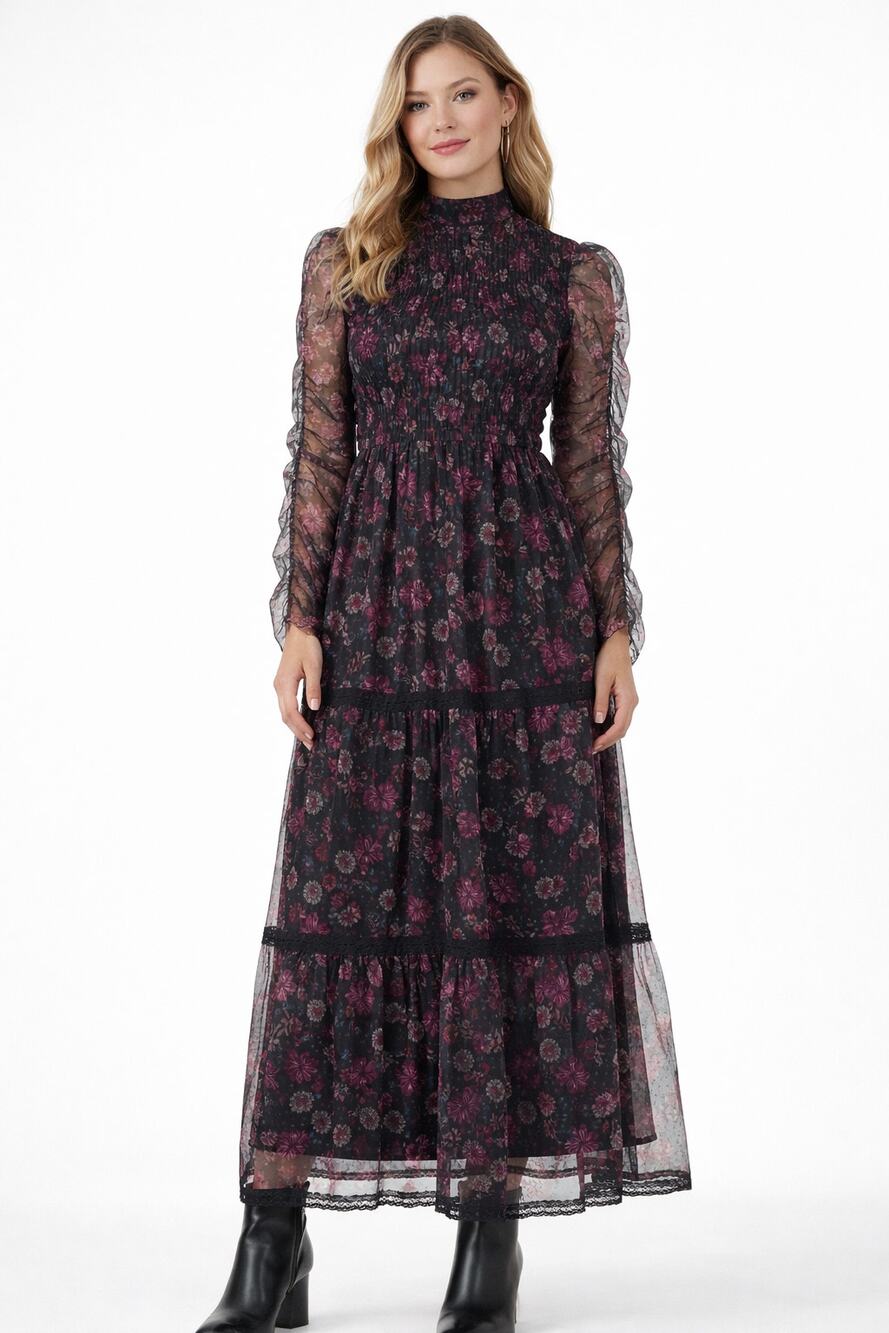 June & Ivy High Neck Floral Sheer Long Sleeve Maxi Dress Womens XS New Purple